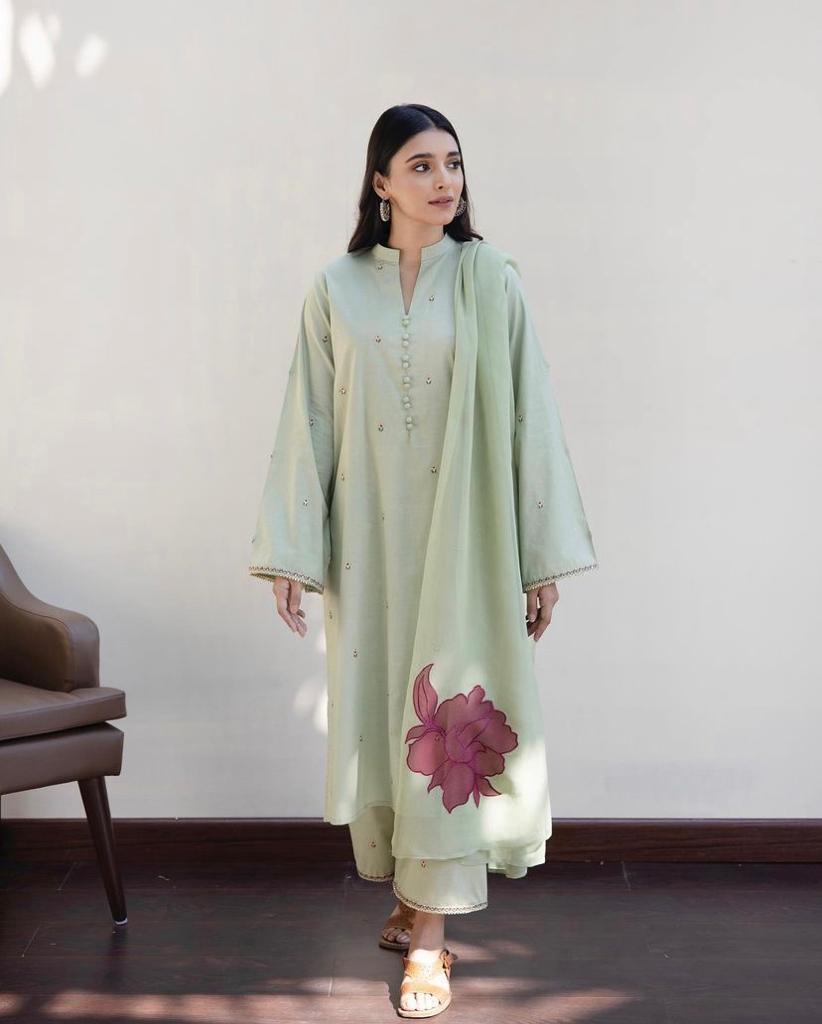 Precious Green | 3 Piece-Stitched Dress - Garoor
